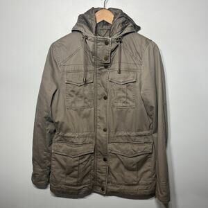 Lucky Brand Jacket Taupe Brown Snap Zip Hooded Utility Casual Spring Pocket M
